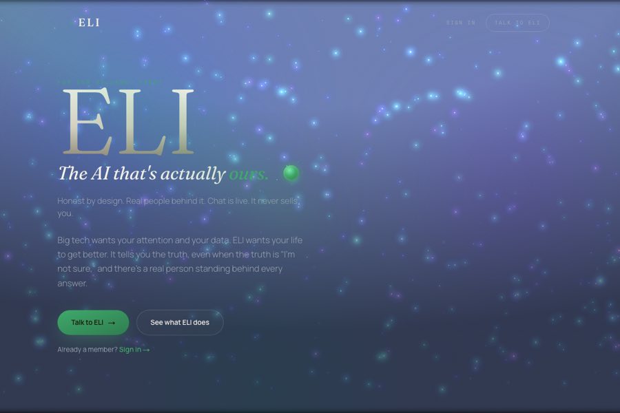 The heyeli.life home page: the ELI wordmark over a deep blue starfield, with the line The AI that's actually ours.
