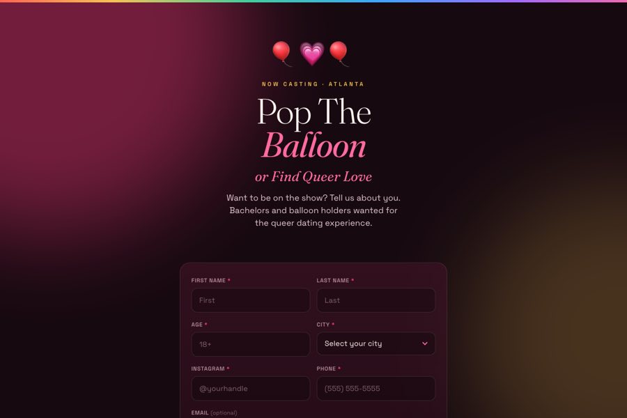 The Pop The Balloon casting page: the show title in pink over a dark gradient, with the application form beneath.